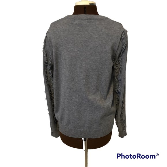 Grey Pullover Sweater with Fringe Trimmed Sleeves - Picture 3 of 6